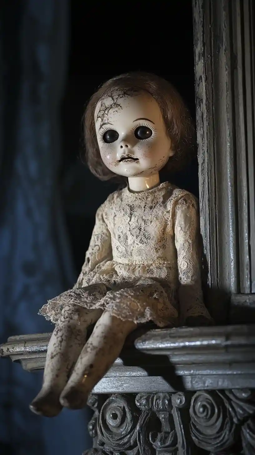 Rissige Porzellanpuppe auf staubiger Fensterbank in der Nacht