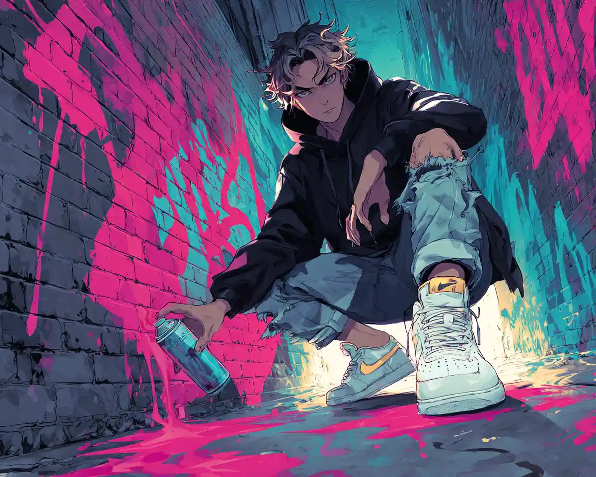 Anime graffiti artist painting a vibrant cat mural