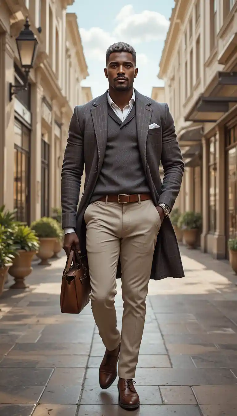 Confident kingly man walking through a sunlit luxury street