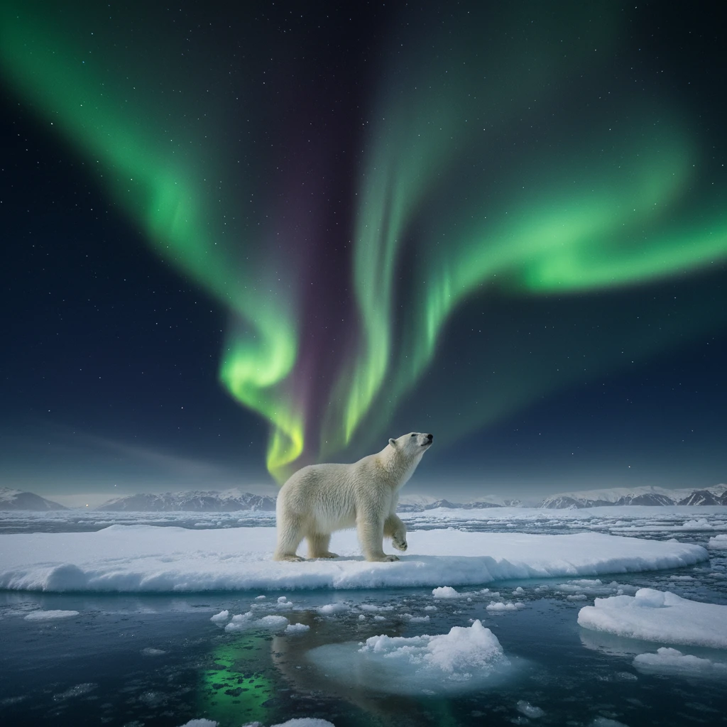 Majestuoso oso polar bajo un cielo de vívidas auroras boreales