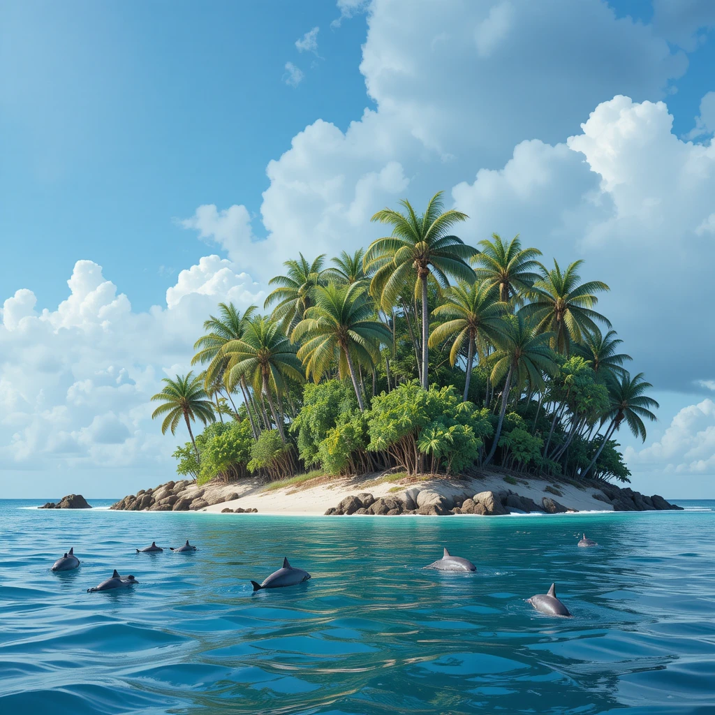 Tropical island coastline with playful dolphins at midday