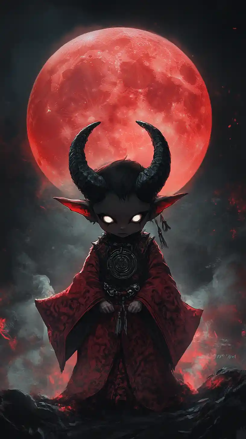 Chibi demon child floating under a glowing red moon