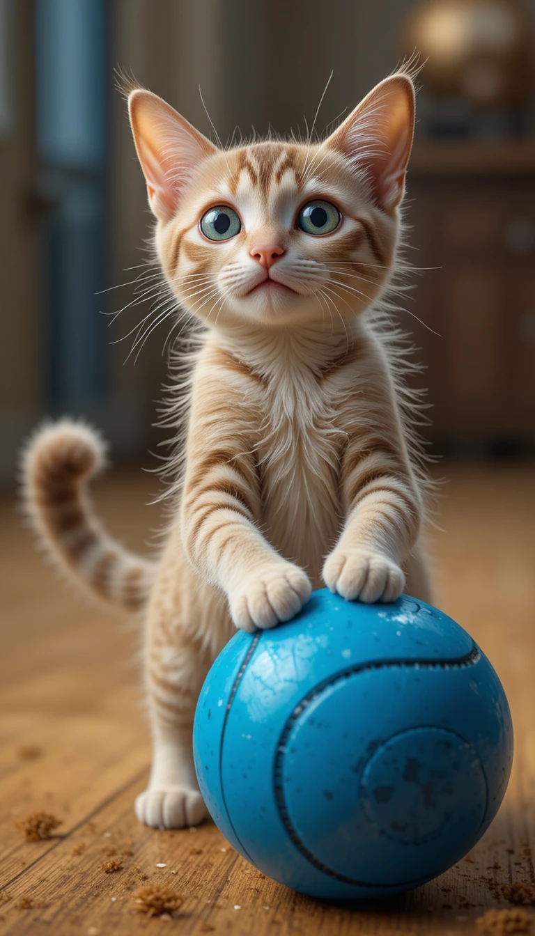 Gato juguetón saltando hacia una pelota azul en interiores