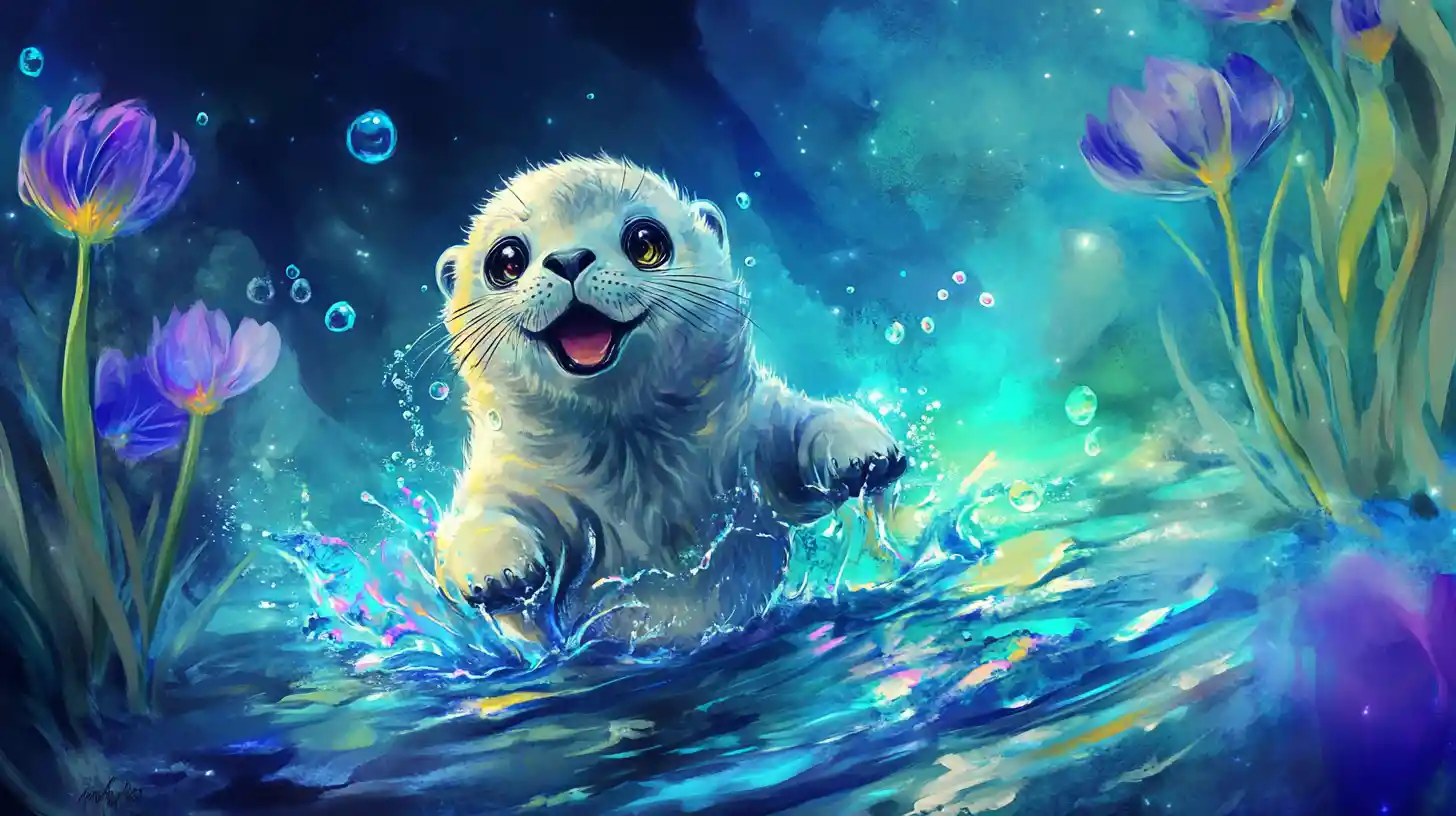 Playful baby seal in a moonlit tidal pool illustration
