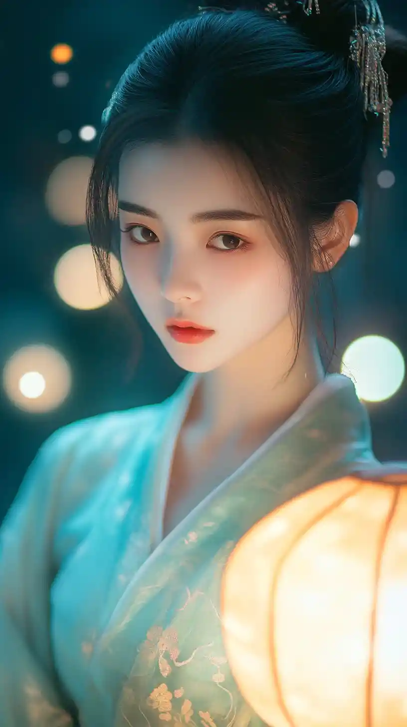 Young woman with lantern in dreamy city night scene