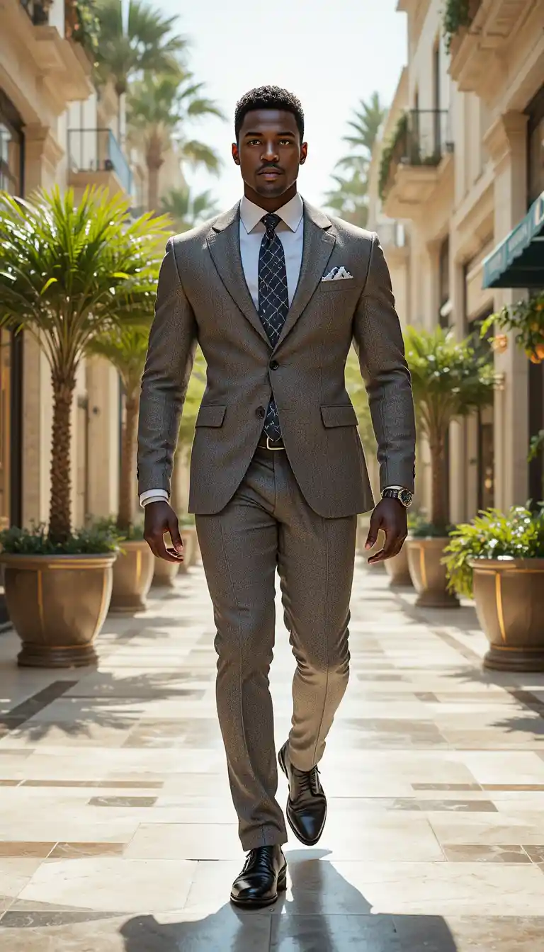 Confident kingly man in tweed suit walking through plaza