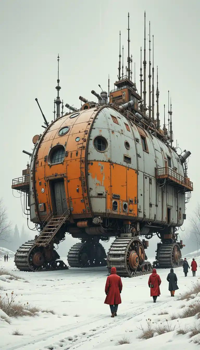 Estructura Móvil Steampunk en Ladera Nevada de Estilo Vintage