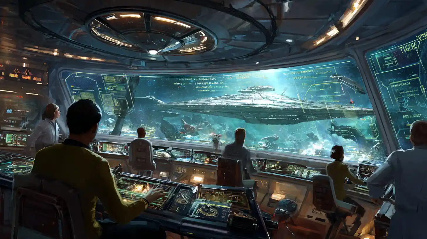 Starship captain on command deck facing targeted alien vessel