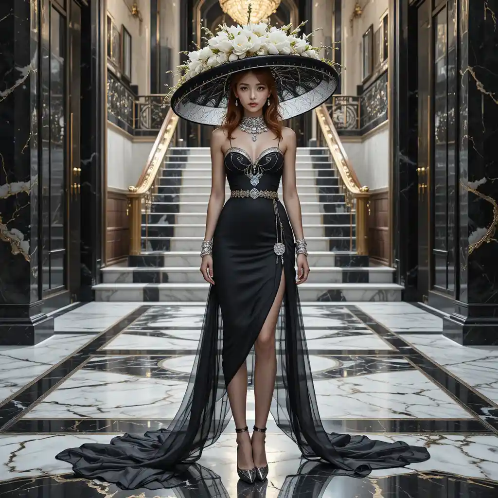 Korean fashion matriarch in a grand marble entryway