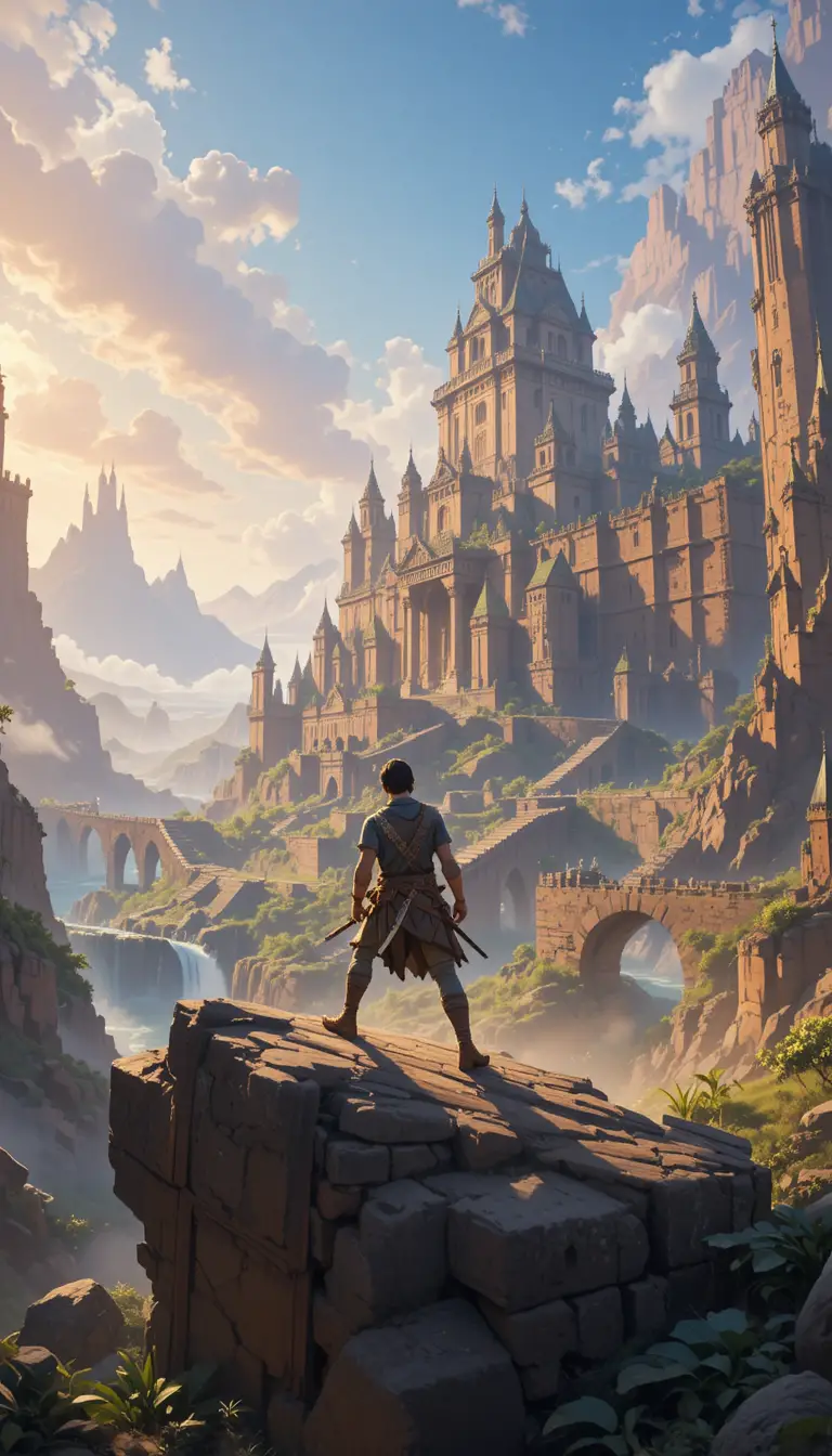 Fantasy-Abenteurer erkundet uralte Ruinen jenseits eines Königreichs