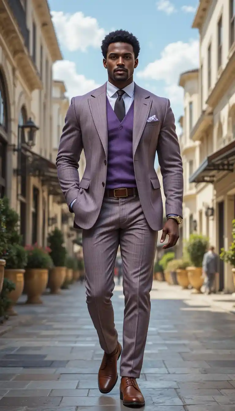 Confident kingly man walking through a sunlit city street