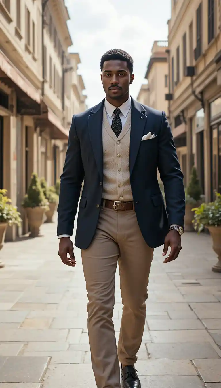 Confident well dressed king walking through sunlit city street