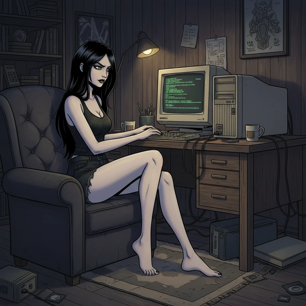 Barefoot woman hacking at a retro computer terminal