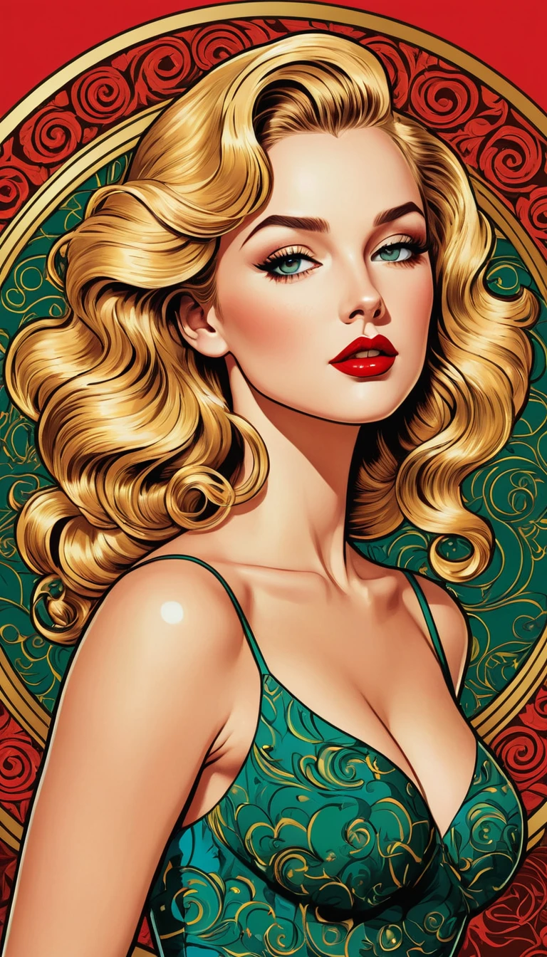Confident blonde woman in colorful vintage pin up style