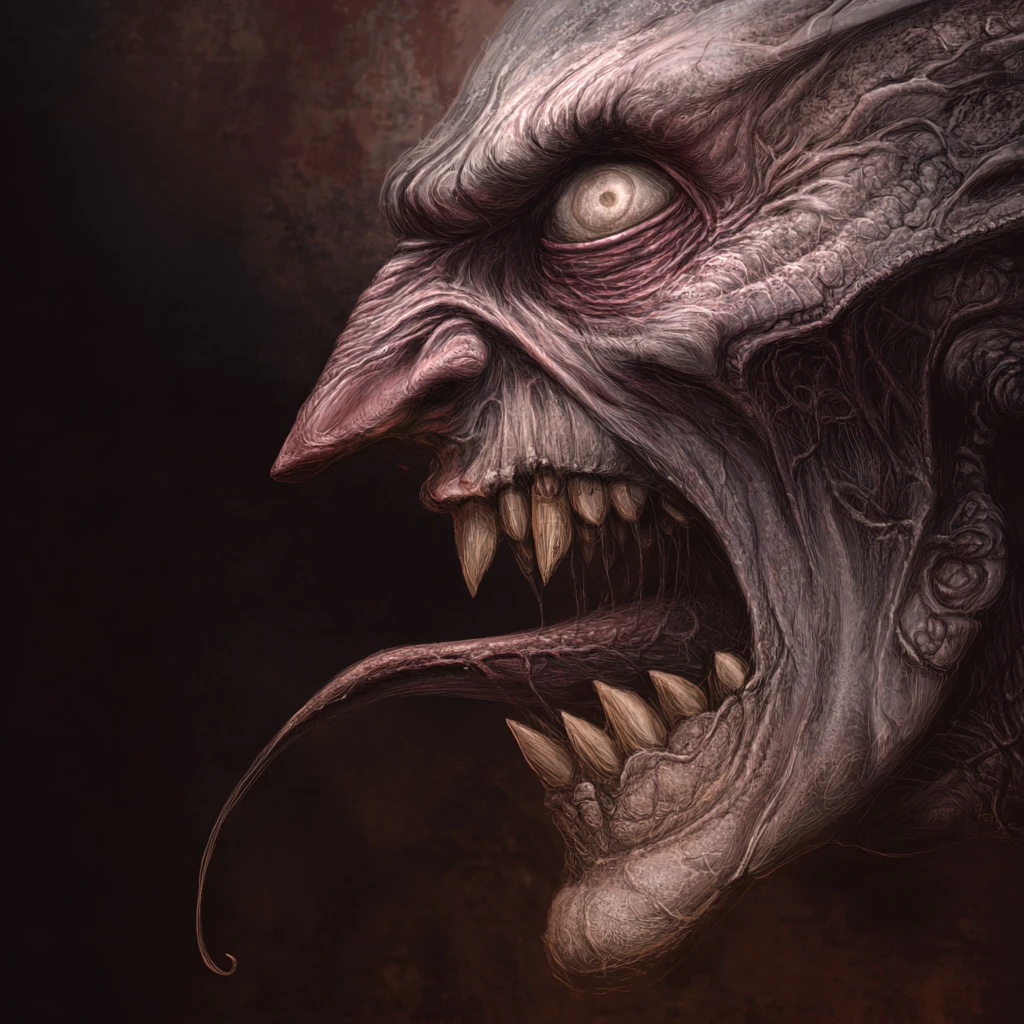 Rostro de monstruo grotesco de perfil con lengua bífida