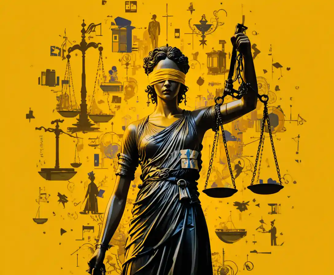 Blindfolded Lady Justice statue with abstract legal symbols