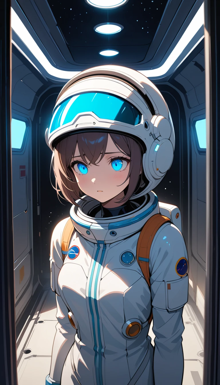 Astronauta femenina solitaria flotando en estación espacial abandonada