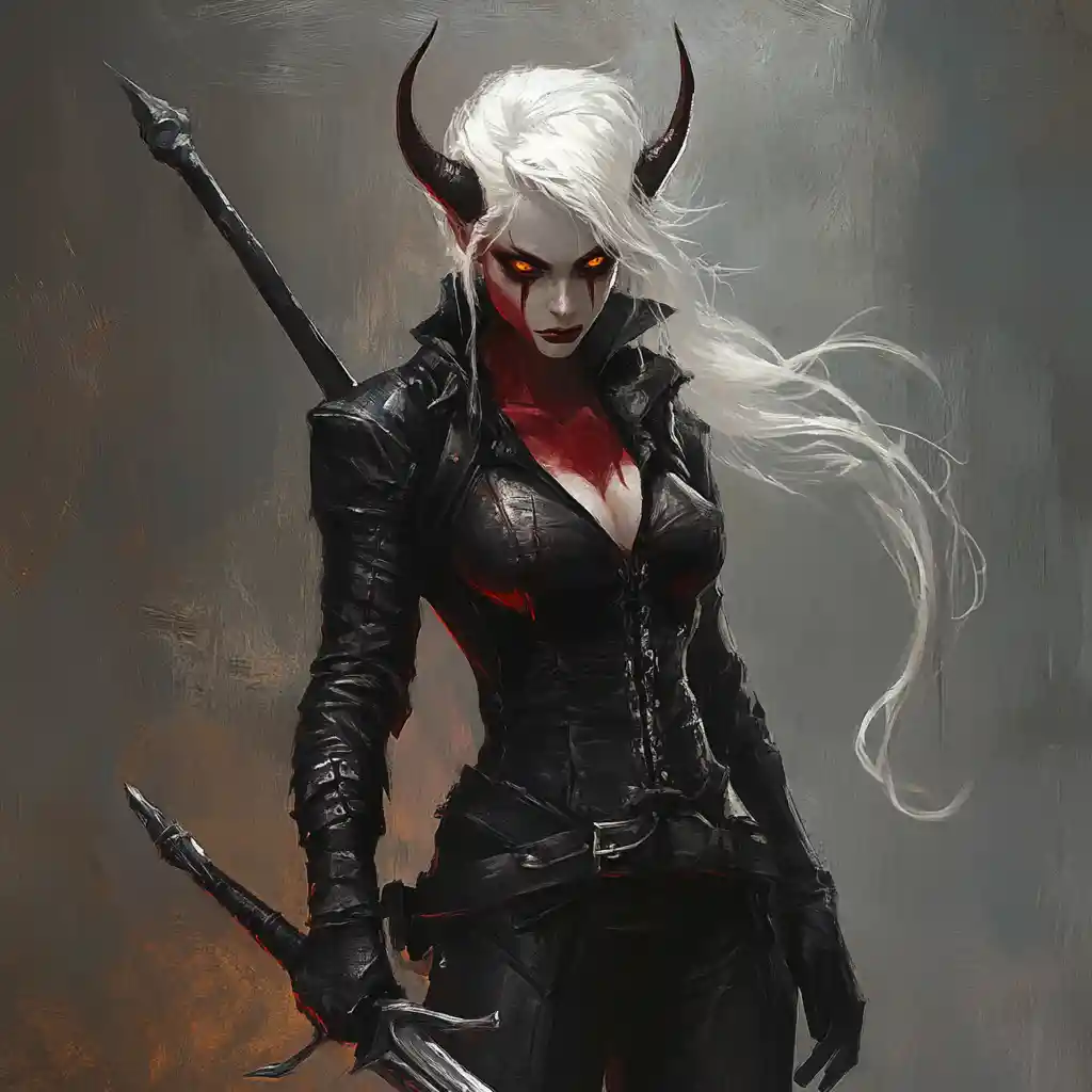 Dark tiefling hunter with sword in black leather armor
