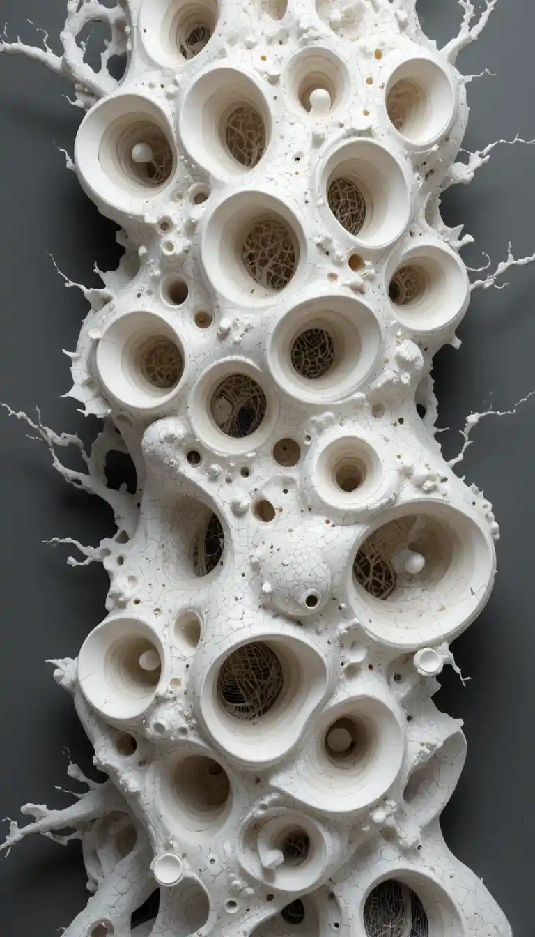 Scultura 3D organica cellulare con forme ceramiche bianche porose