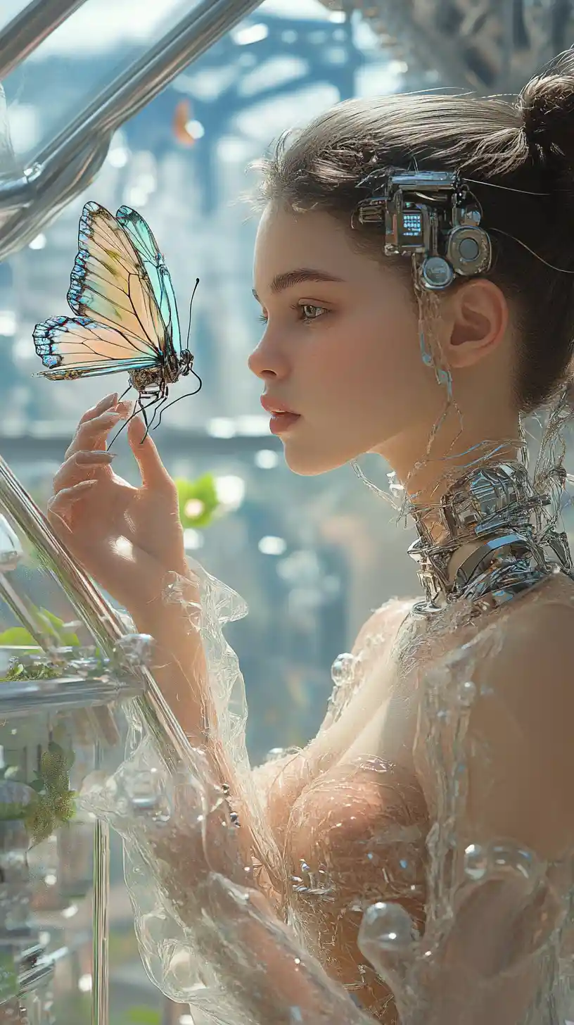 Haute couture model with robotic butterfly in martian greenhouse
