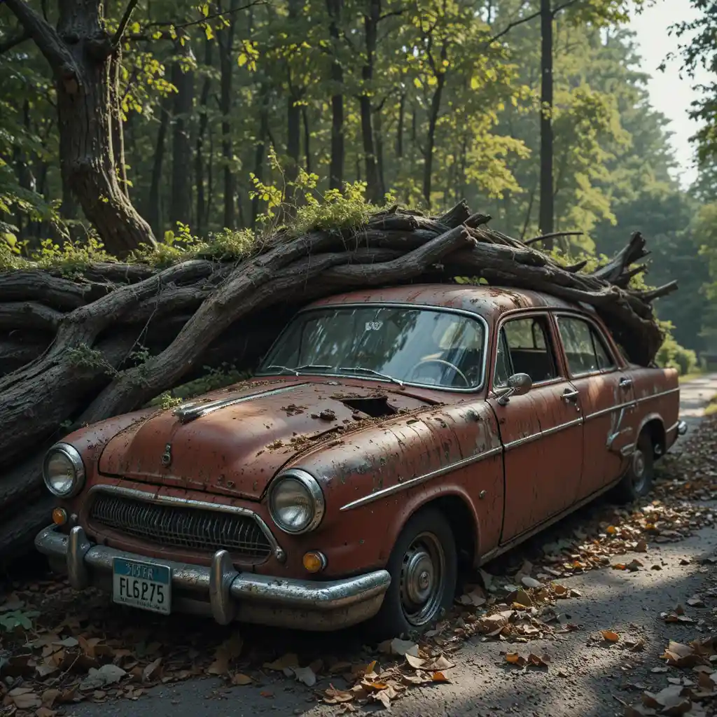 Vintage red compact car crushed by fallen tree trunk