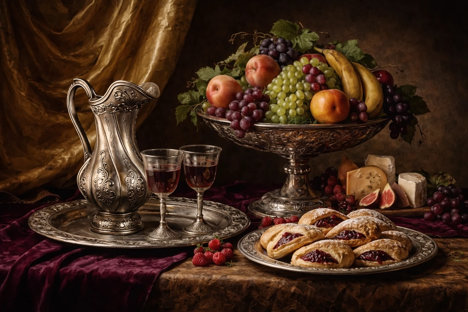 Bodegón clásico de pasteles de fruta y cubertería de plata