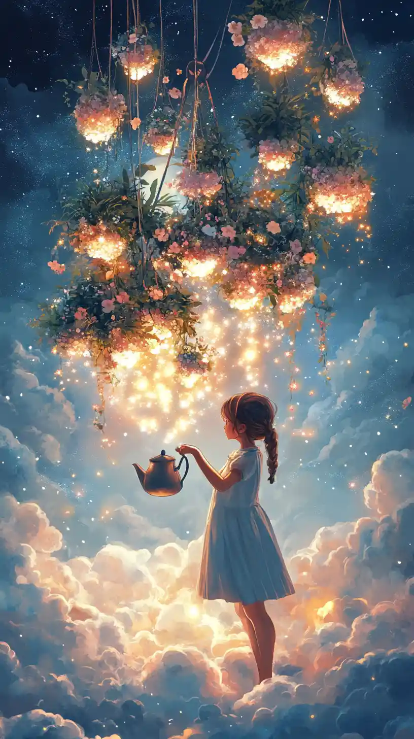 Girl Watering A Floating Stardust Garden In The Clouds