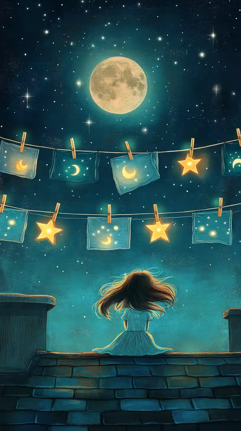 Girl hanging glowing stars to dry under full moon
