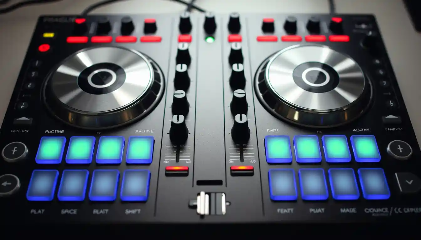 Professional DJ controller with jog wheels and performance pads
