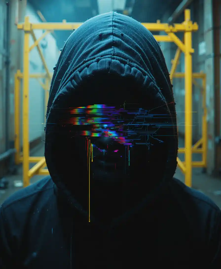 Portrait glitch en gros plan d’une silhouette encapuchonnée et sans visage
