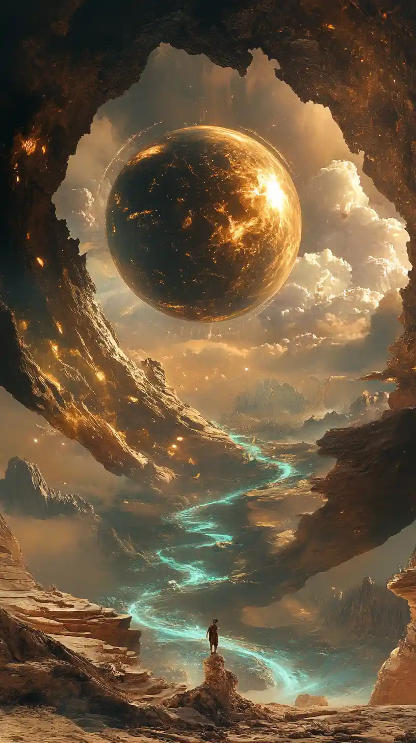 Portale cosmico surreale con sfera fluttuante e chiave dorata