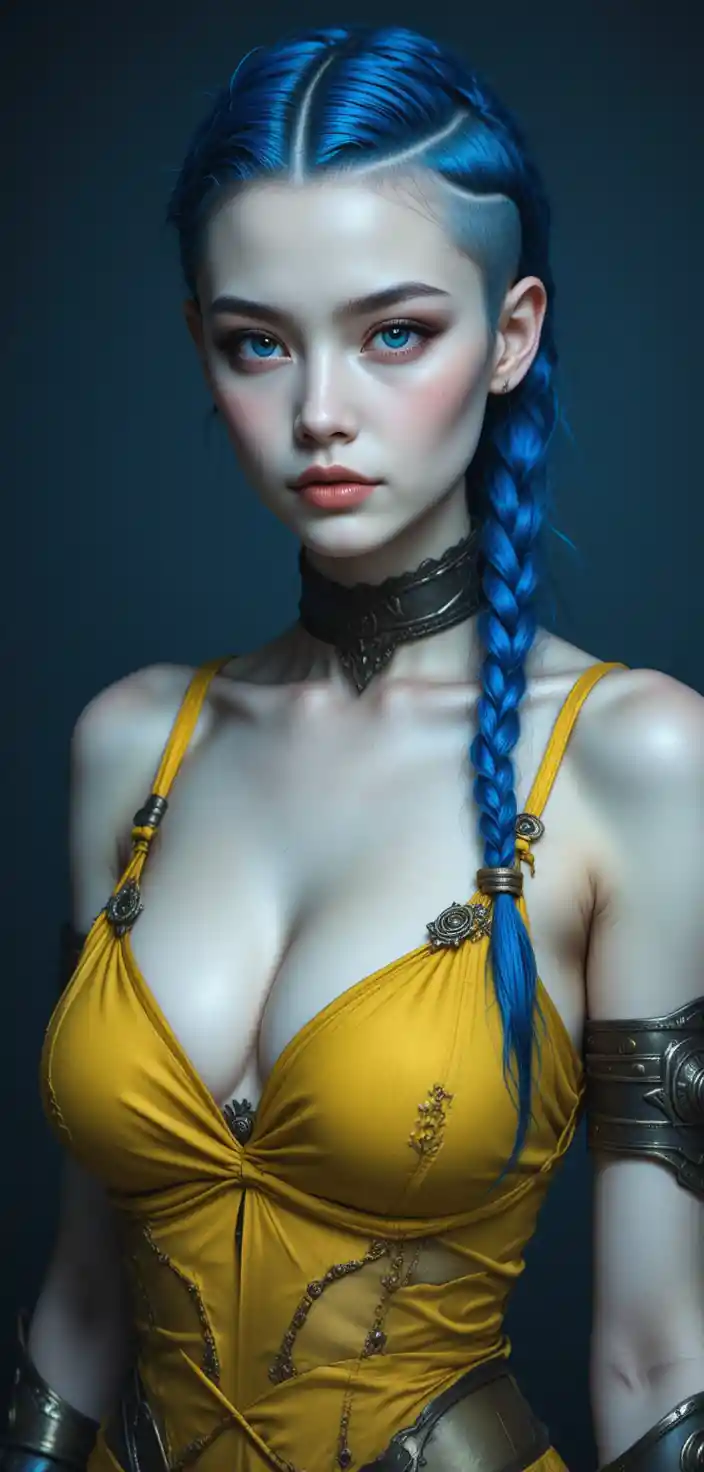 파란 배경 위 노란 드레스를 입고 파란 머리 땋은 소녀