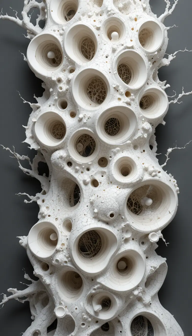 Scultura 3D organica cellulare con forme ceramiche bianche porose