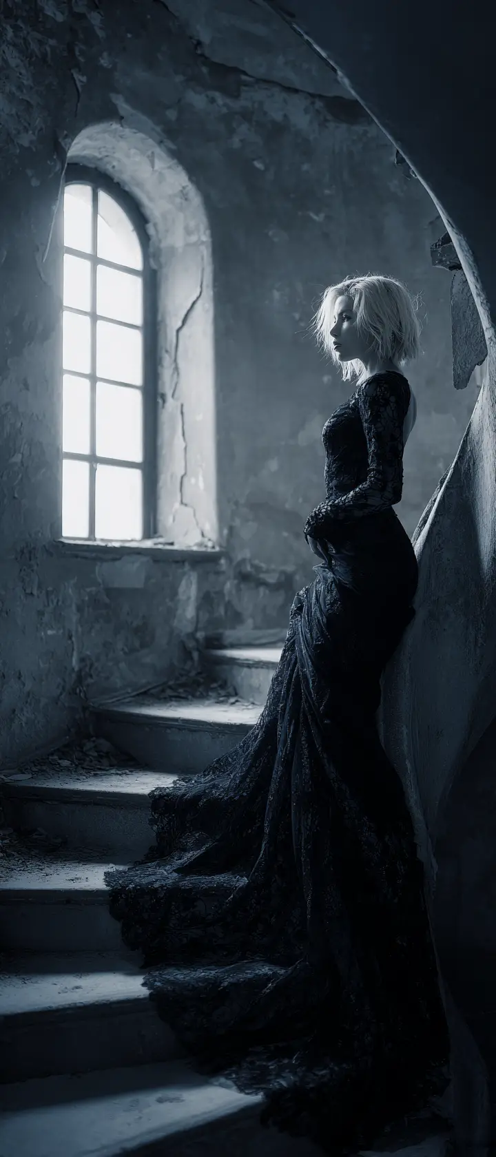 Young woman on spiral stairs in moonlit mansion