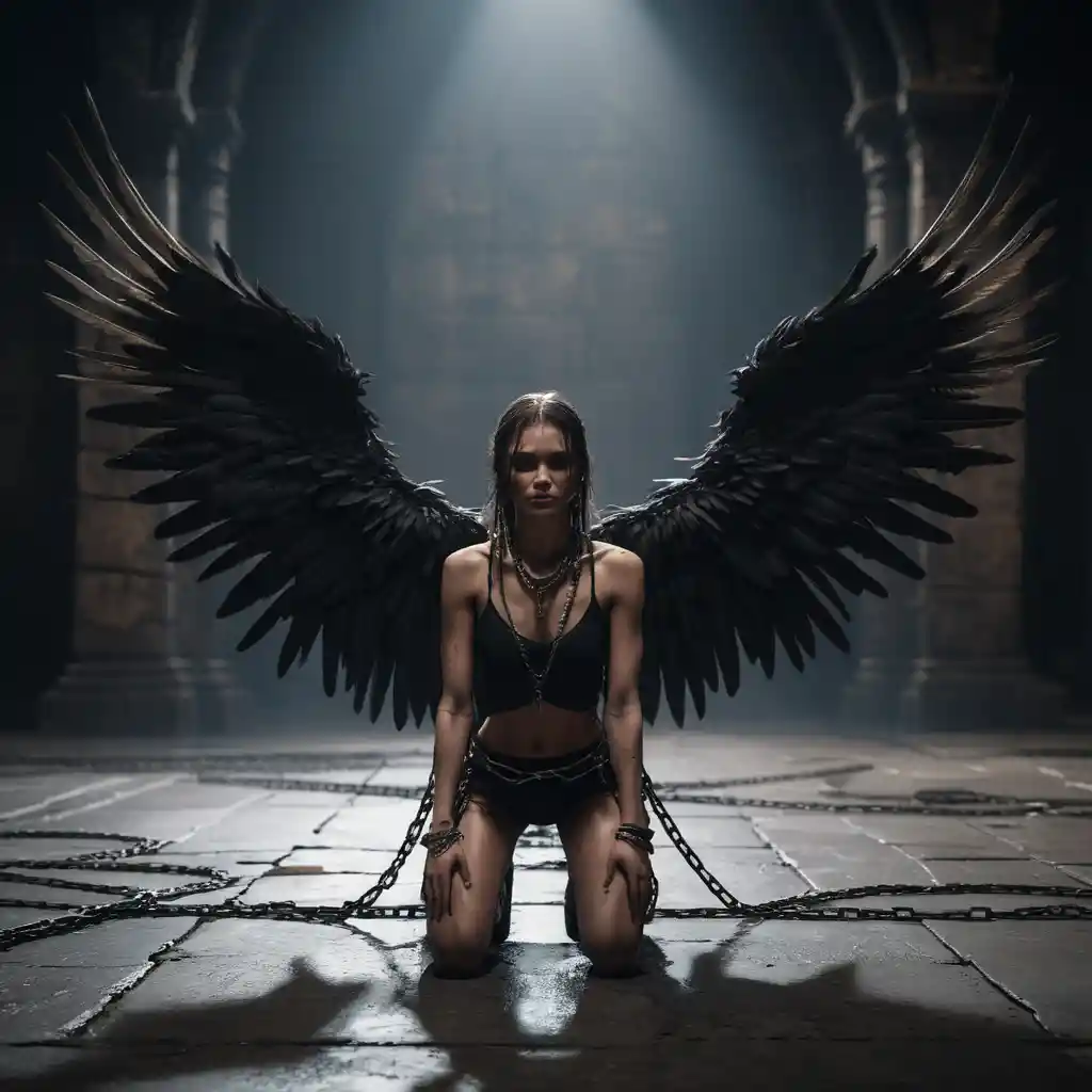 Winged girl chained in a dark dungeon with top light