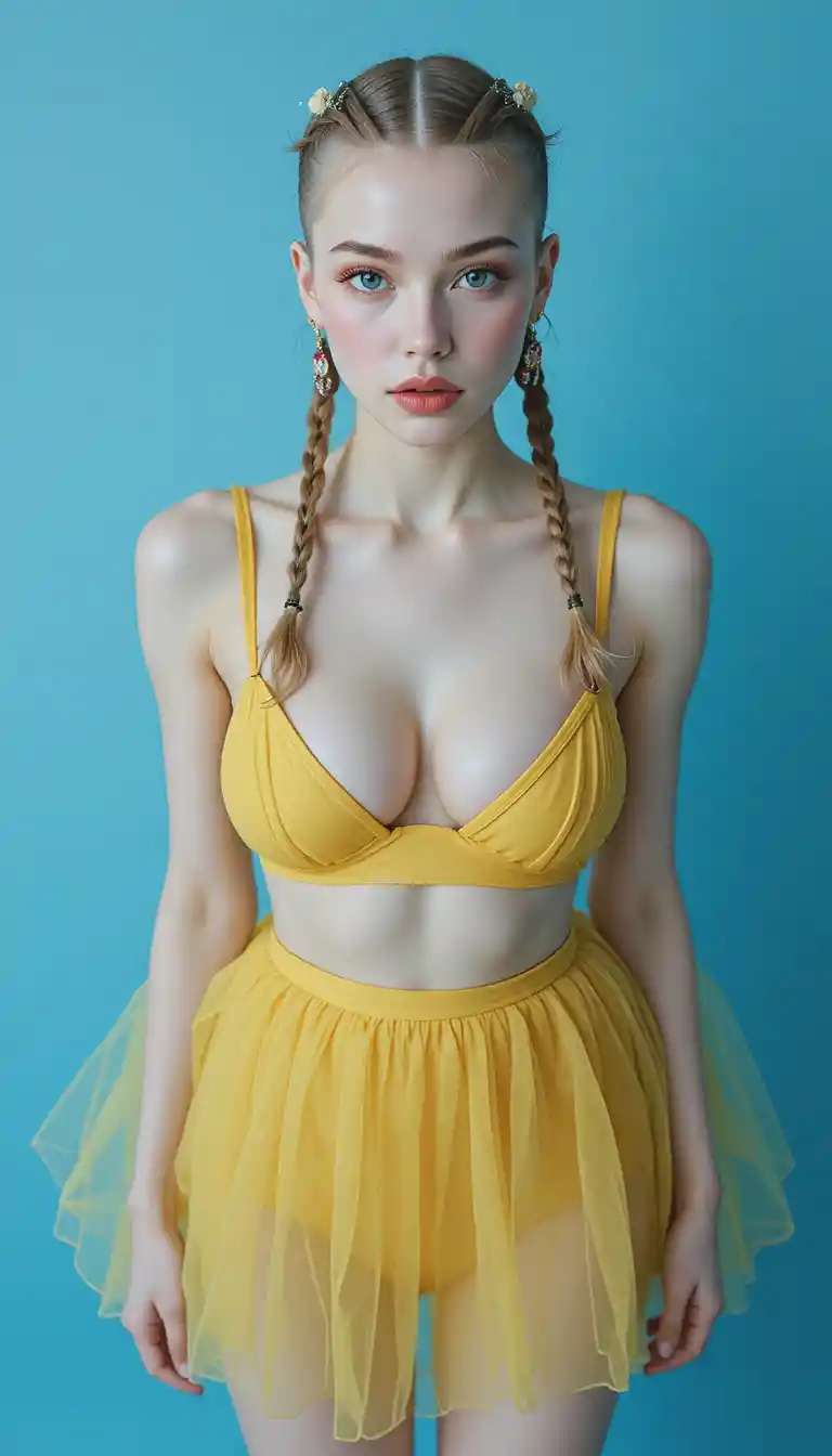 Girl in yellow dress seen from above on blue background