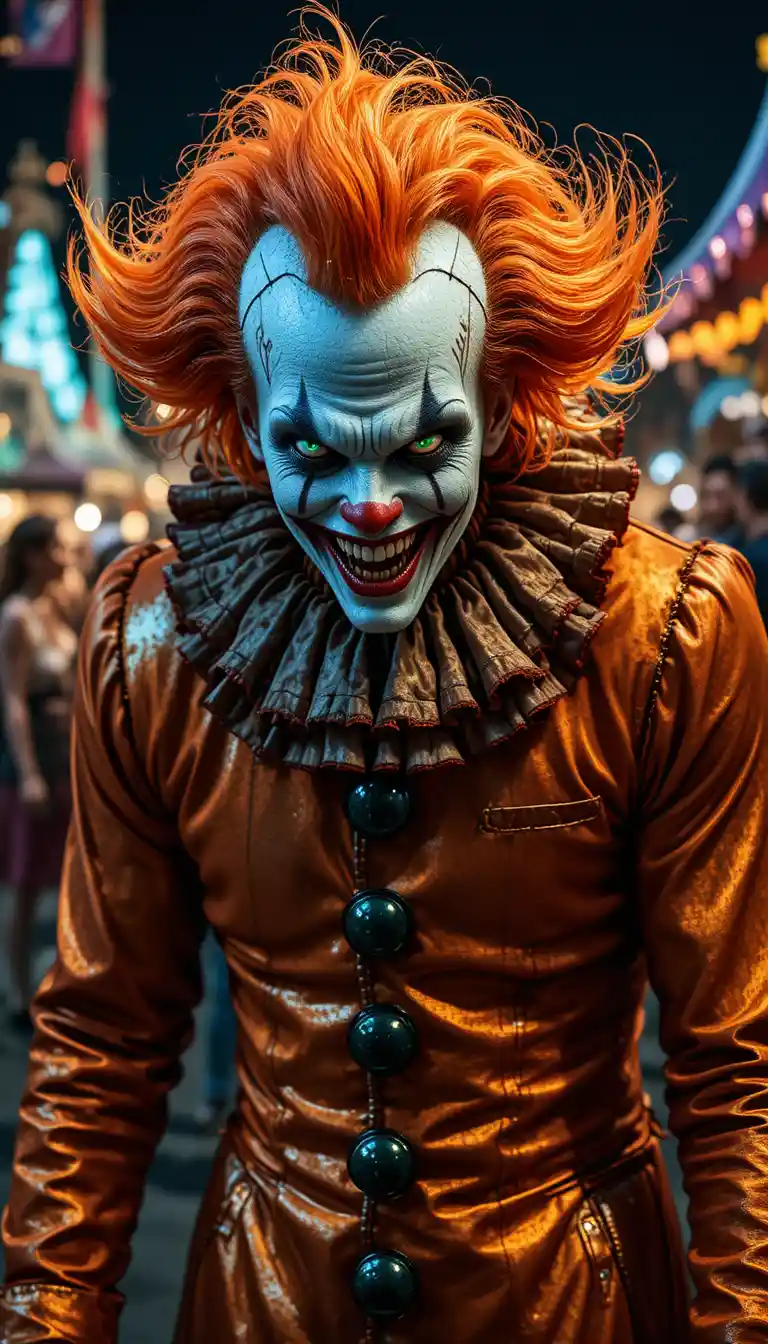 Sinister clown with burning orange hair at night carnival