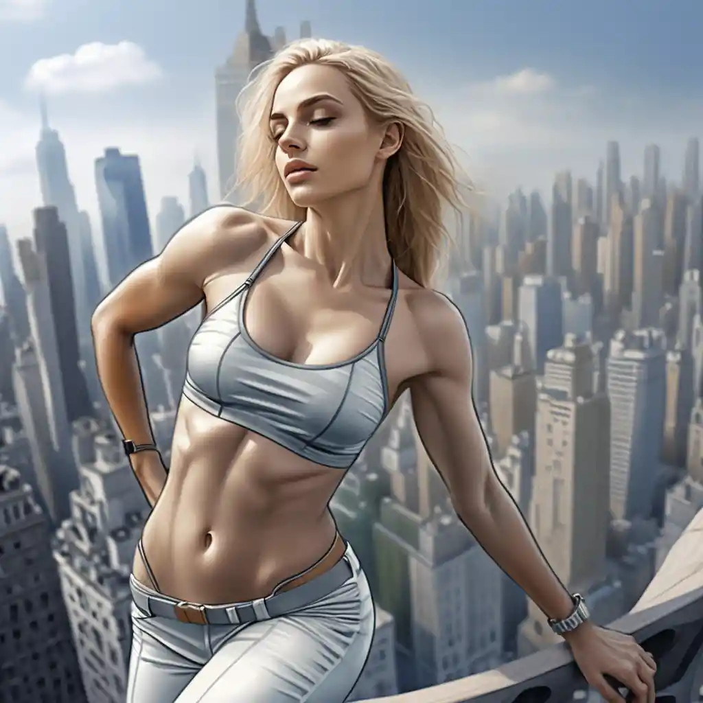 Muscular blonde heroine on a sunny urban rooftop