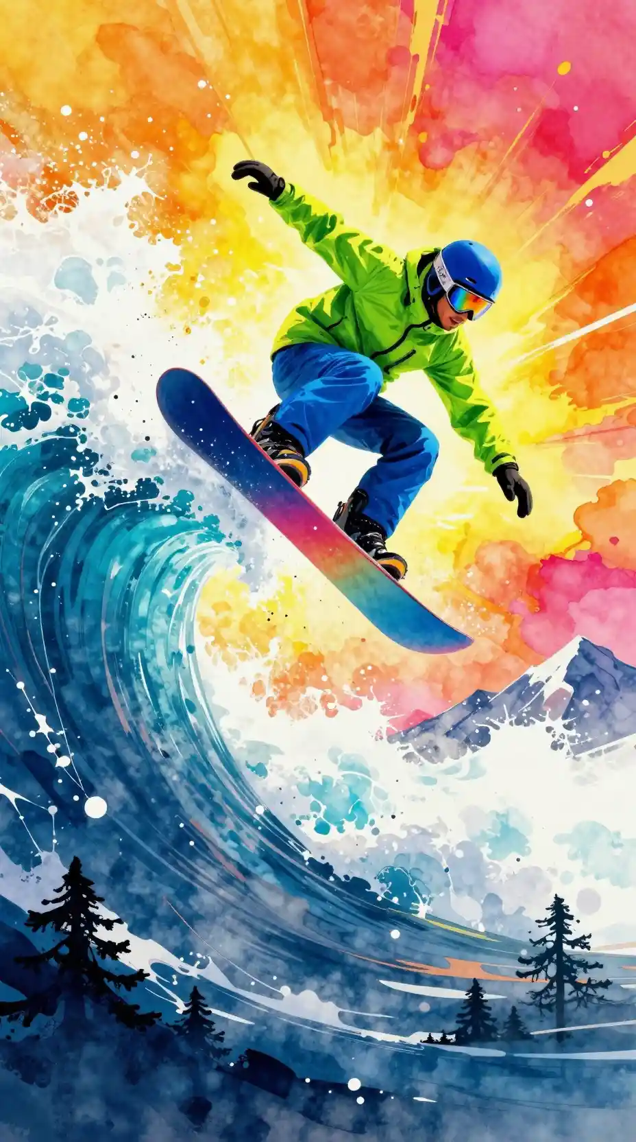 Snowboarder Launching Above Stylized Ice Wave In Neon Colors