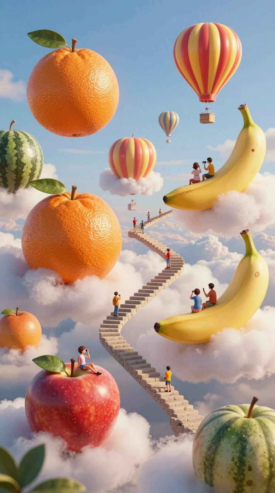 Islas de frutas flotantes en un mundo celestial surrealista