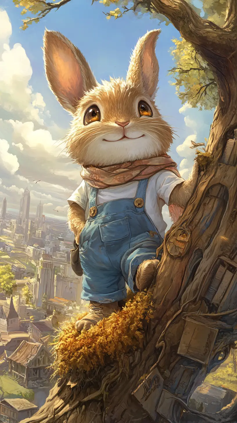Smiling rabbit on mossy log with city in background
