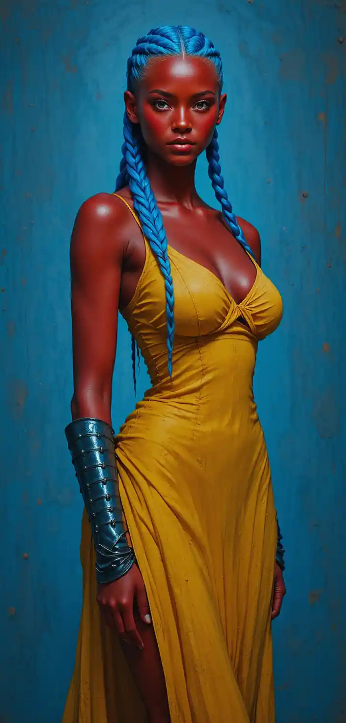 Girl in yellow dress with blue braids on blue background