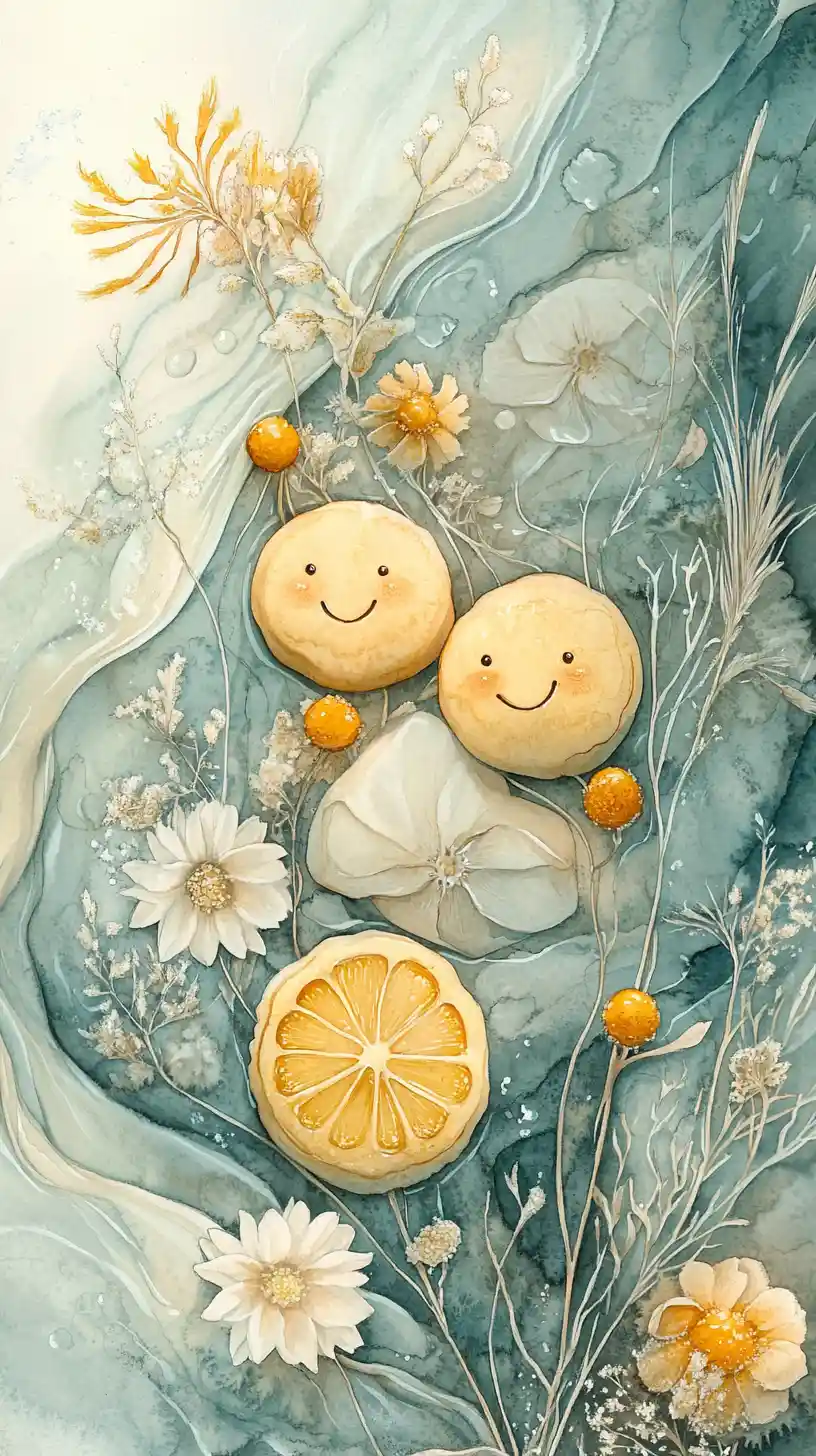 Watercolor cookies with blossoms in glossy abstract background