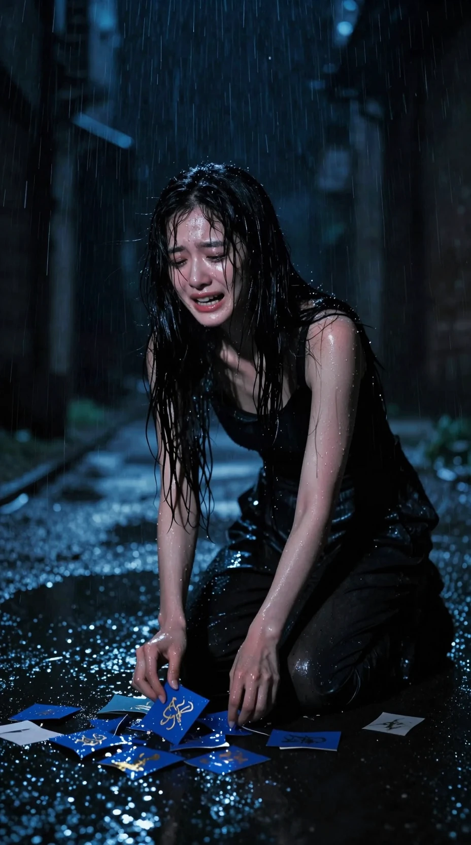 Young woman crying in a rainy alley at night