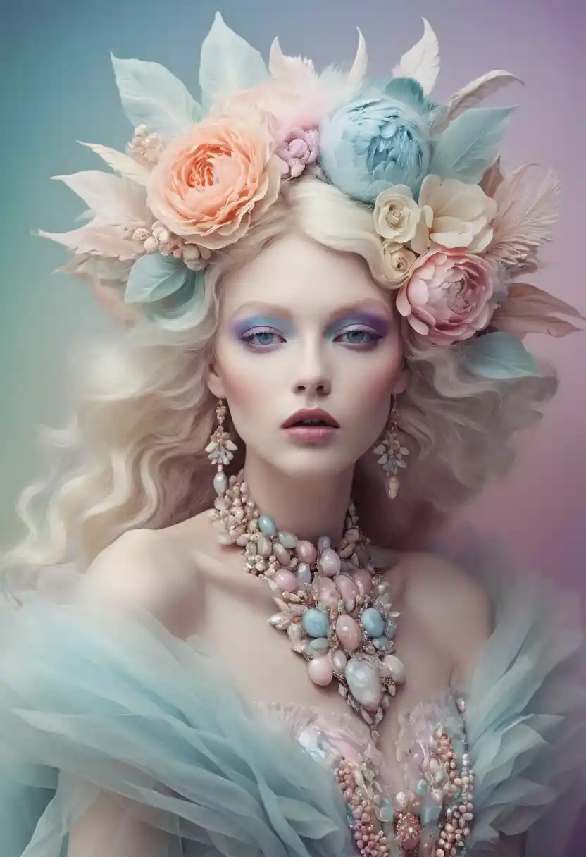 Joyful fashion woman in delicate pastel rainbow colors