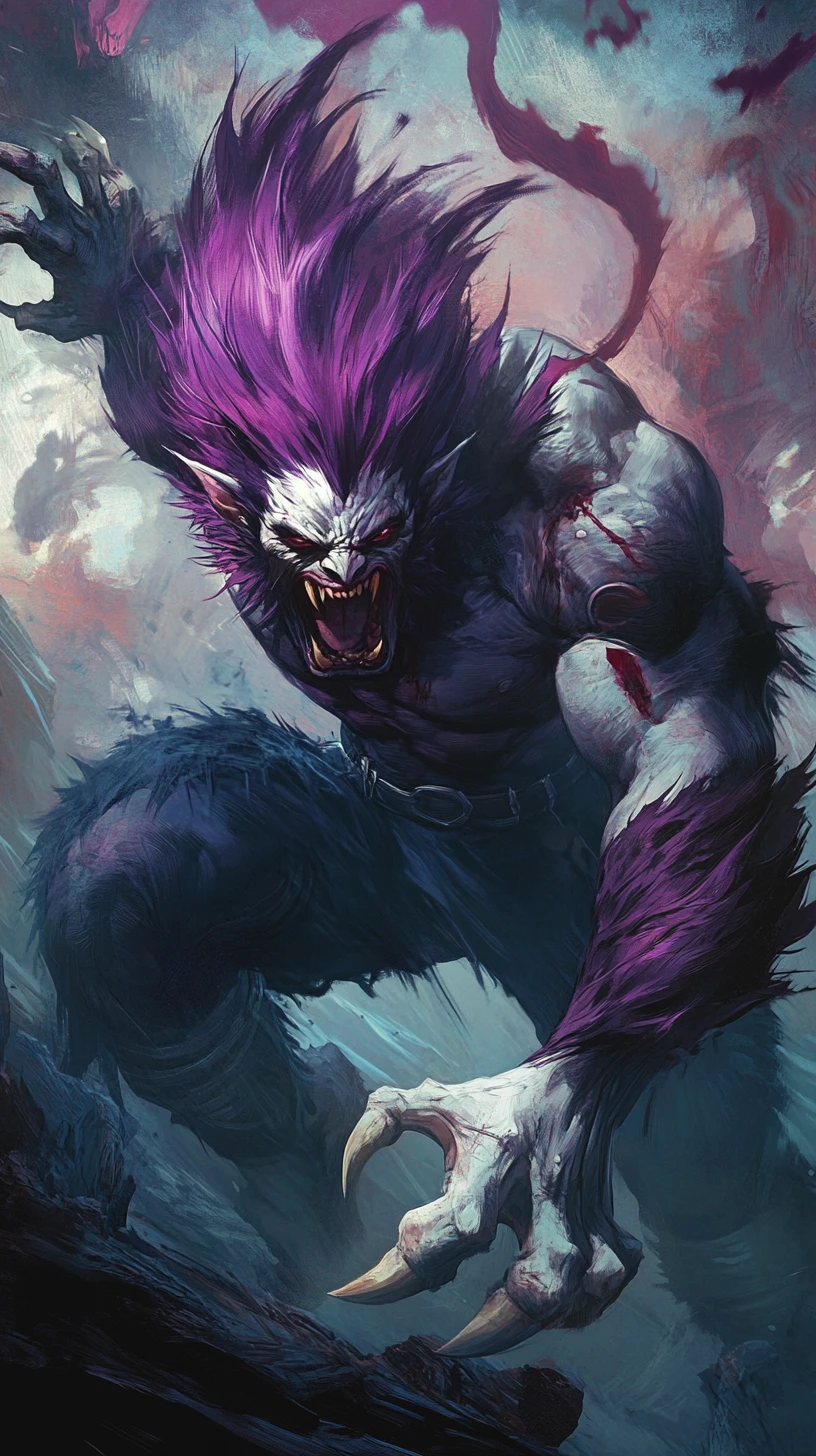 Bestia oscura furiosa con pelaje morado y afilados colmillos blancos