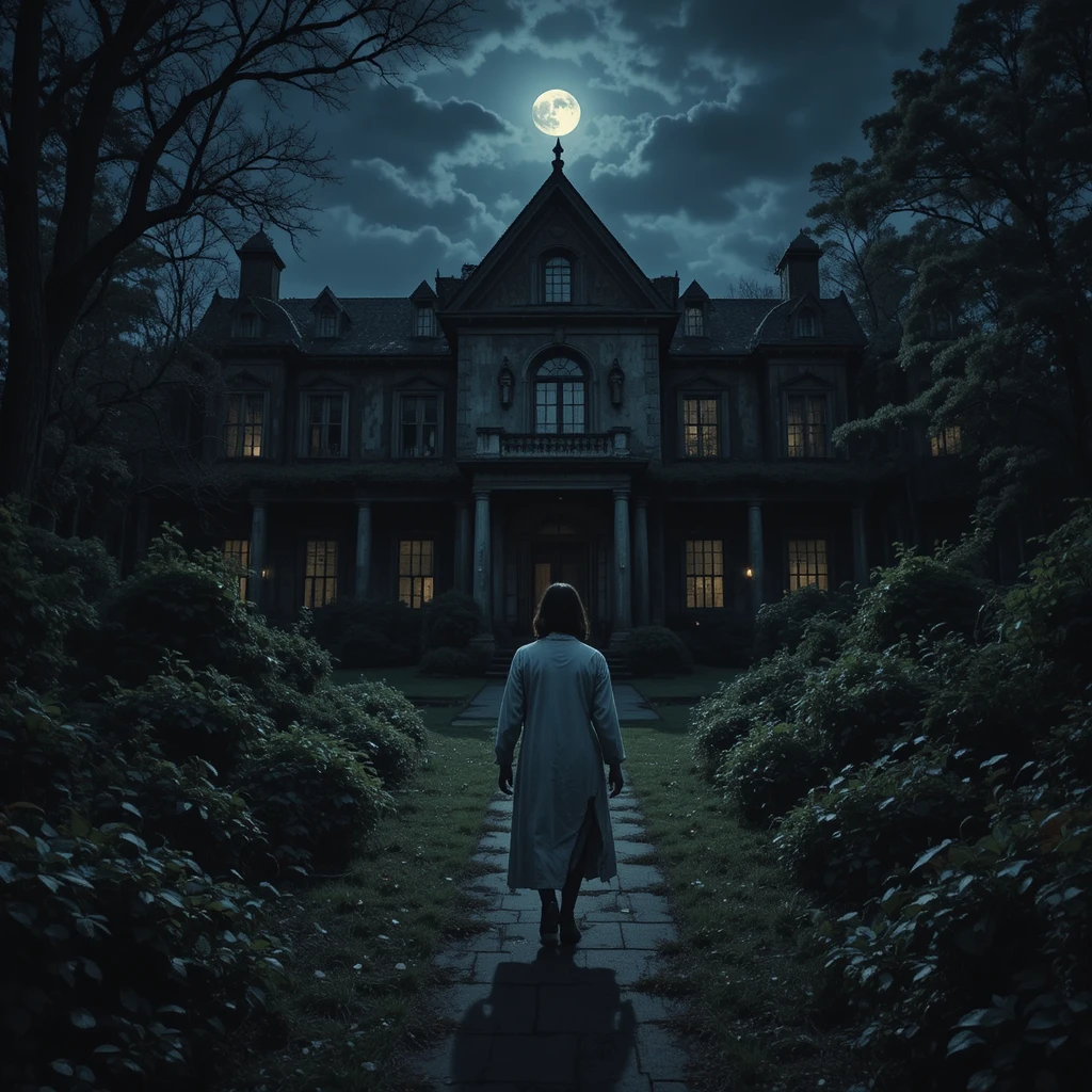 Abandoned asylum entrance under rising full moon at dusk