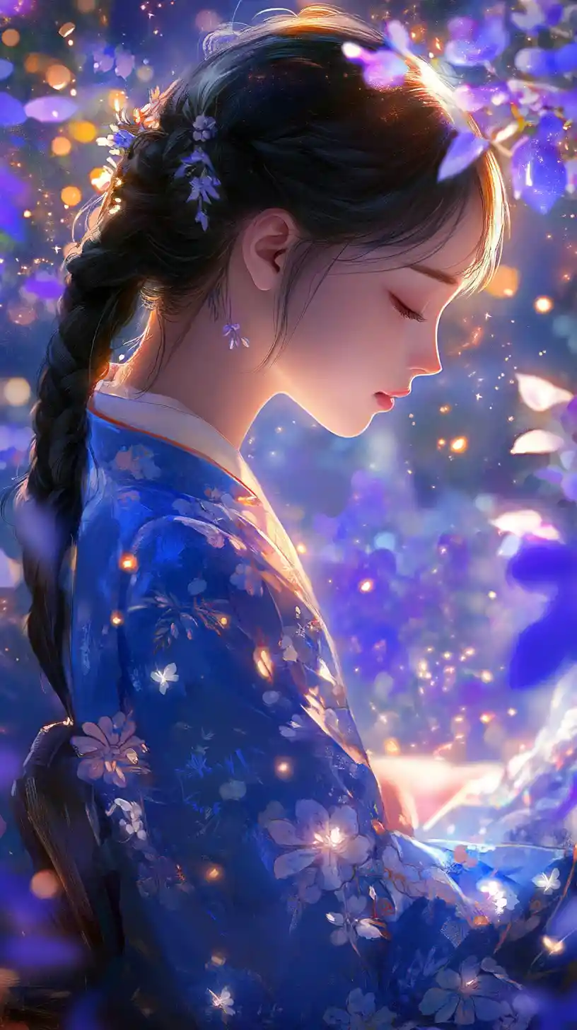 Serene girl in blue hanbok in glowing forest