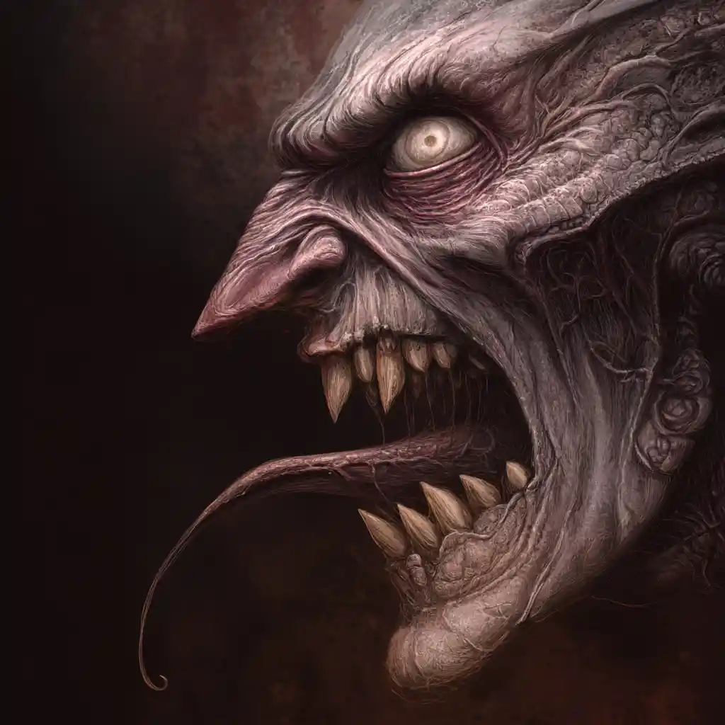 Rostro de monstruo grotesco de perfil con lengua bífida