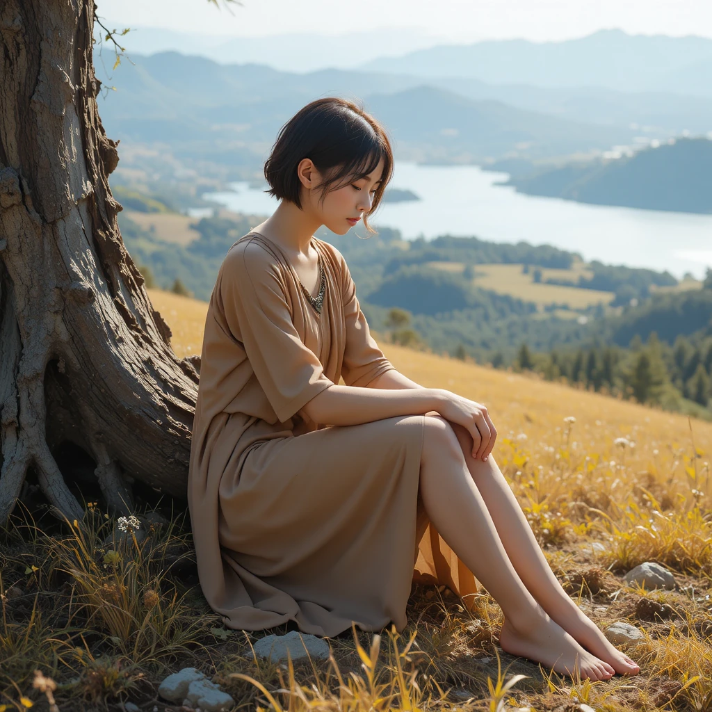 Young adult resting by a tree above golden hillside water